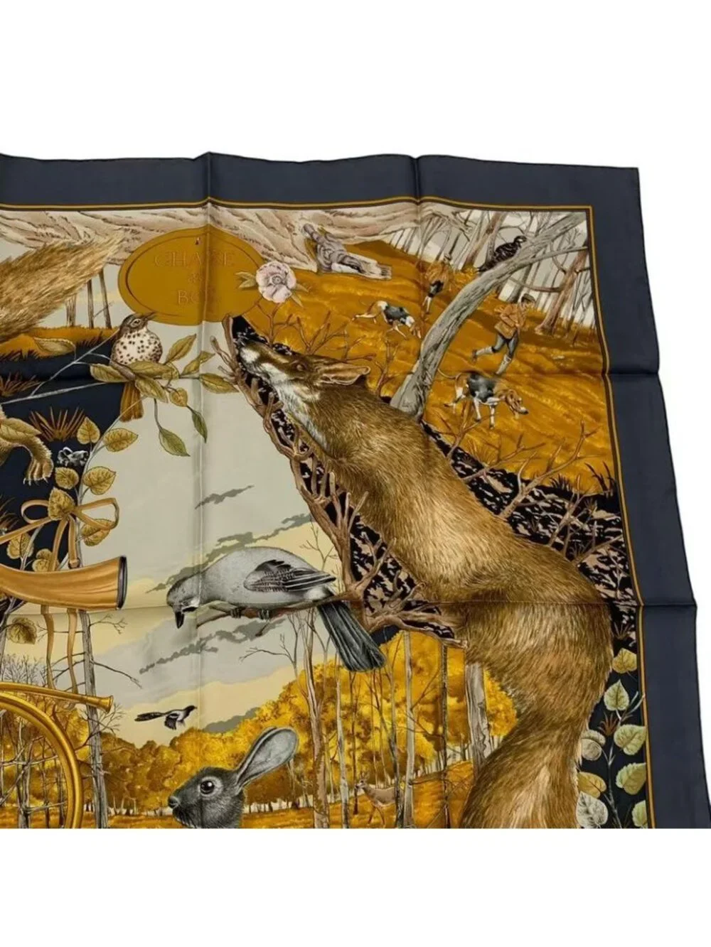 Hermes Scarf Silk Carre 90 Chasse Au BOIS Forest Hunting Gray